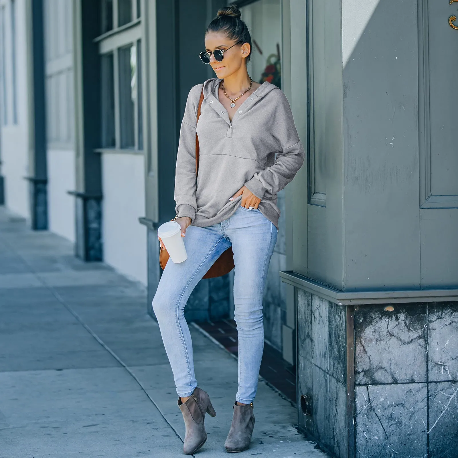Classic Long-Sleeve Solid Hooded Pullover with Buttoned Collar