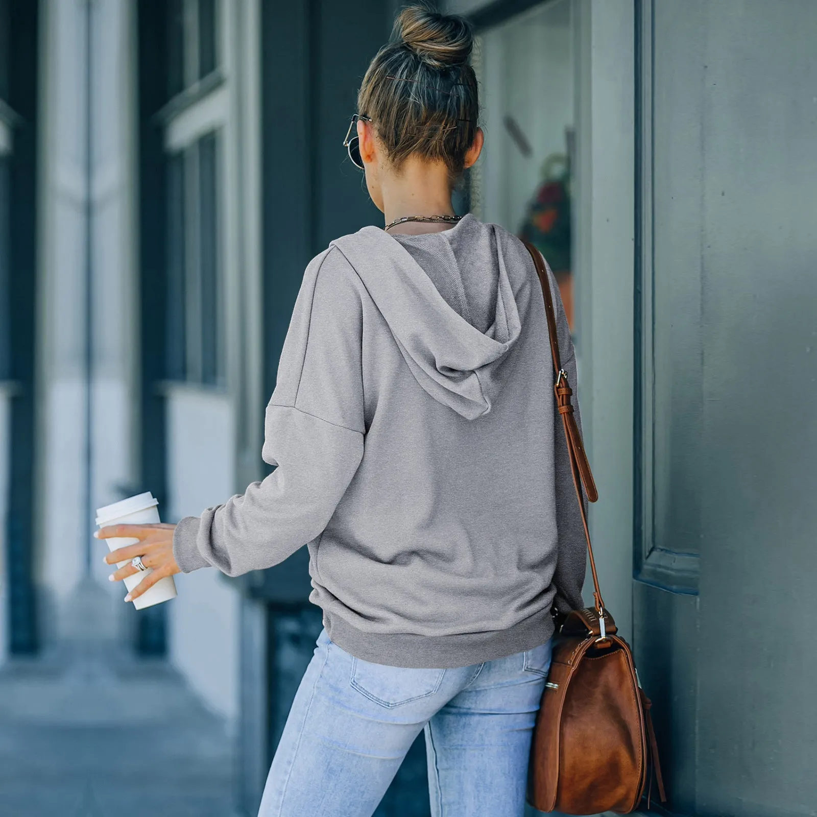 Classic Long-Sleeve Solid Hooded Pullover with Buttoned Collar