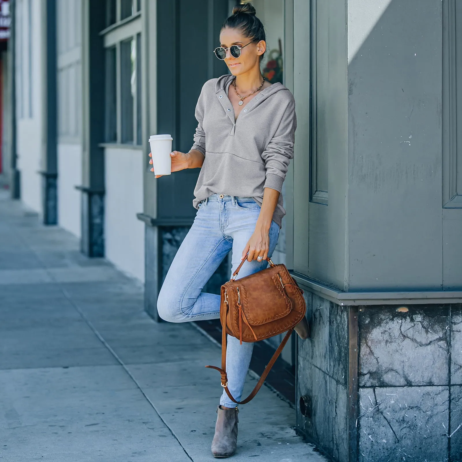 Classic Long-Sleeve Solid Hooded Pullover with Buttoned Collar