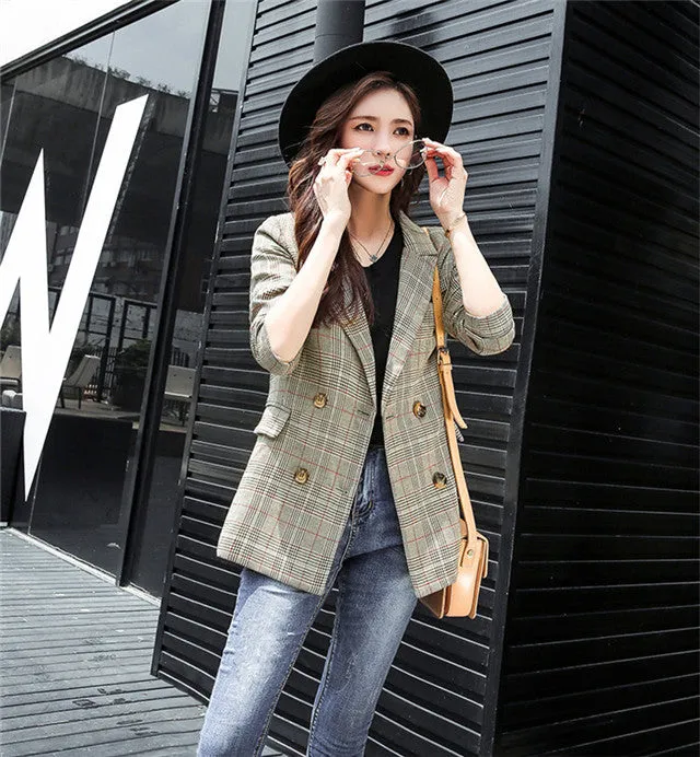 CM-CF092227 Women Casual Seoul Style Long Sleeve Turn-down Collar Plaids Short Jacket