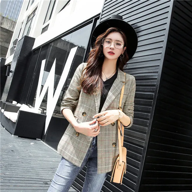 CM-CF092227 Women Casual Seoul Style Long Sleeve Turn-down Collar Plaids Short Jacket