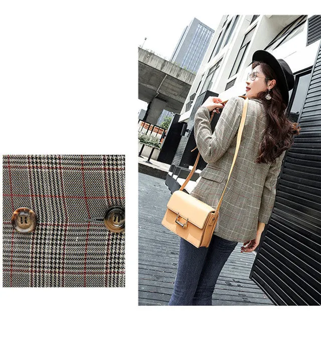 CM-CF092227 Women Casual Seoul Style Long Sleeve Turn-down Collar Plaids Short Jacket