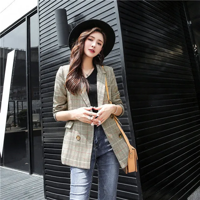CM-CF092227 Women Casual Seoul Style Long Sleeve Turn-down Collar Plaids Short Jacket