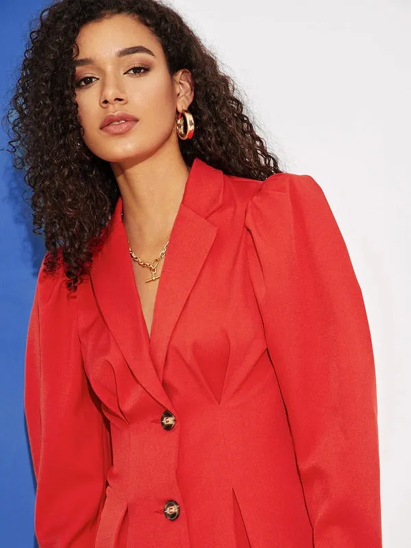 CM-CS127761 Women Elegant European Style Puff Sleeve Boxed Pleated Hem Blazer - Red