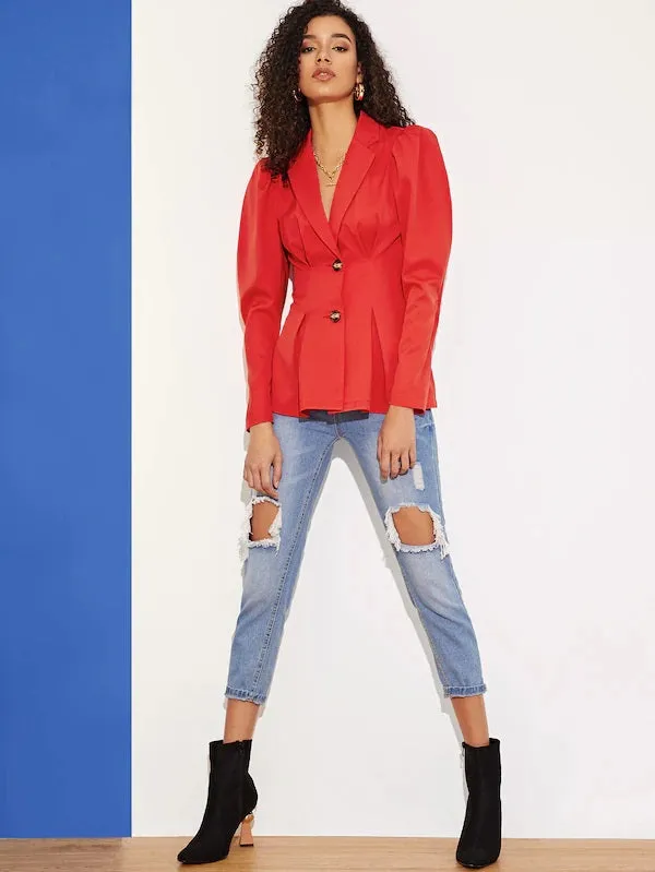 CM-CS127761 Women Elegant European Style Puff Sleeve Boxed Pleated Hem Blazer - Red