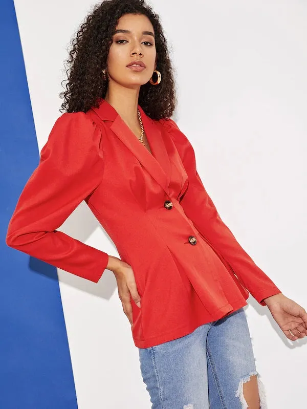 CM-CS127761 Women Elegant European Style Puff Sleeve Boxed Pleated Hem Blazer - Red