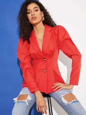 CM-CS127761 Women Elegant European Style Puff Sleeve Boxed Pleated Hem Blazer - Red