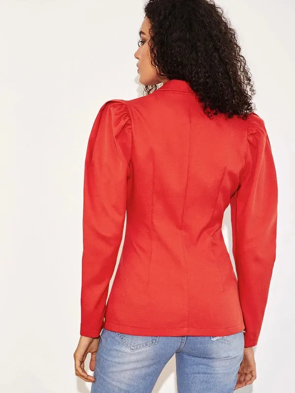 CM-CS127761 Women Elegant European Style Puff Sleeve Boxed Pleated Hem Blazer - Red