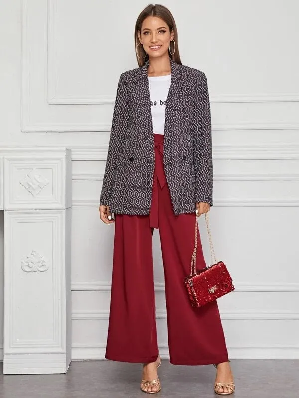 CM-CS219450 Women Elegant Seoul Style Geometric Print Long Sleeve Double Button Blazer