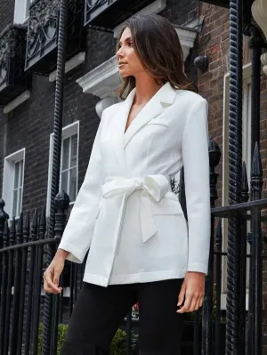 CM-CS920744 Women Elegant European Style Buttoned Cuff Wrap Belted Blazer - White