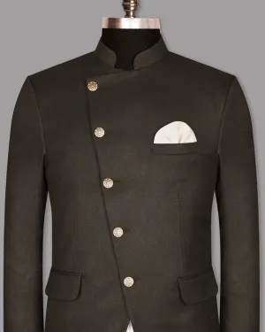 Coffee Brown Textured Cross Buttoned Bandhgala/Mandarin Wool blend Blazer