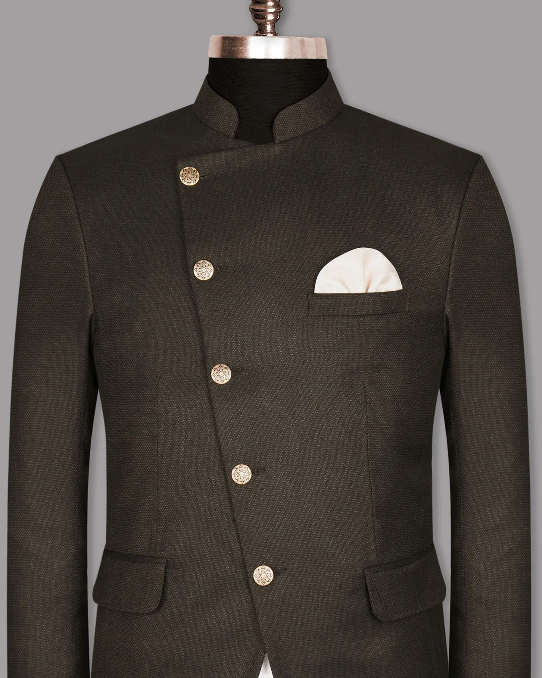 Coffee Brown Textured Cross Buttoned Bandhgala/Mandarin Wool blend Blazer