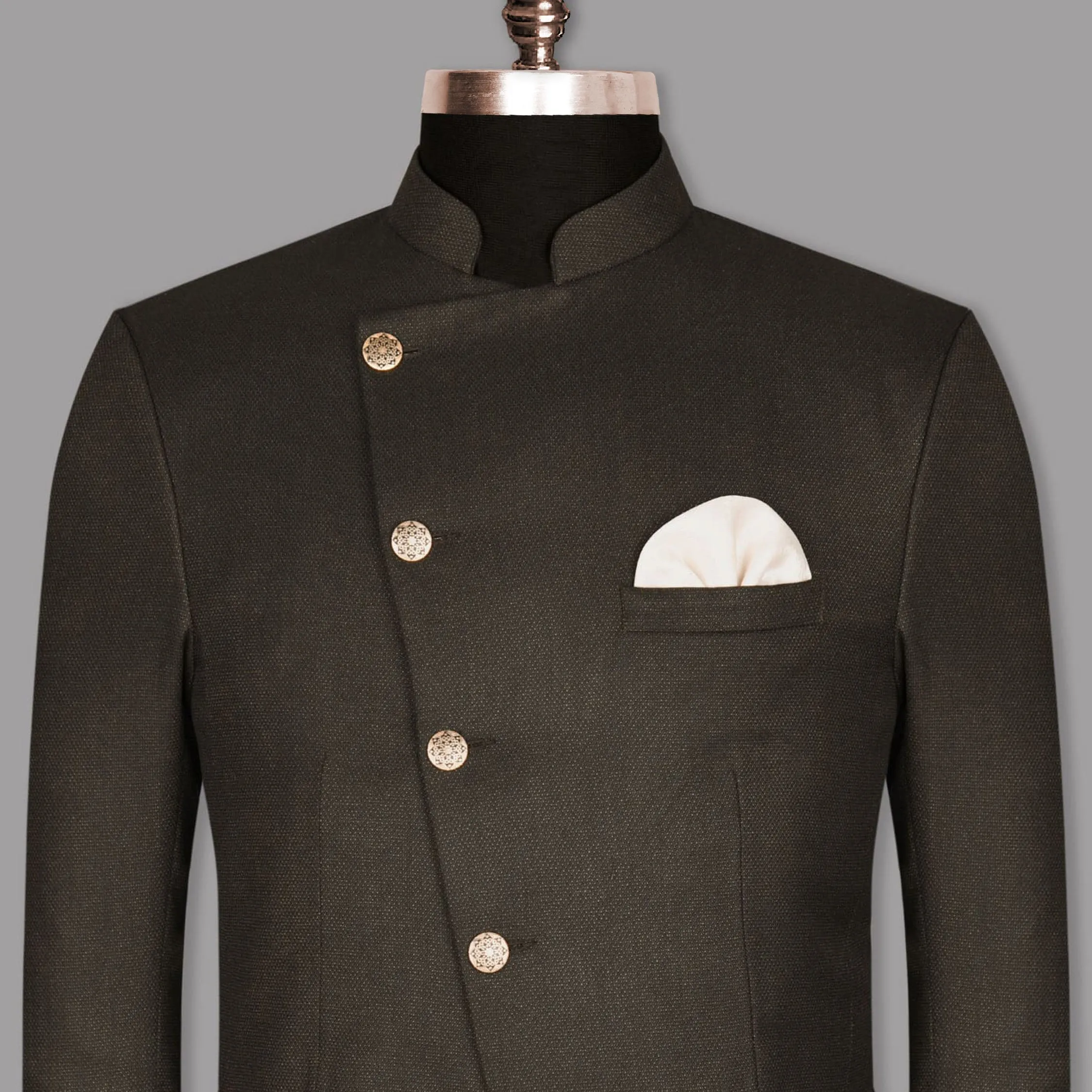 Coffee Brown Textured Cross Buttoned Bandhgala/Mandarin Wool blend Blazer