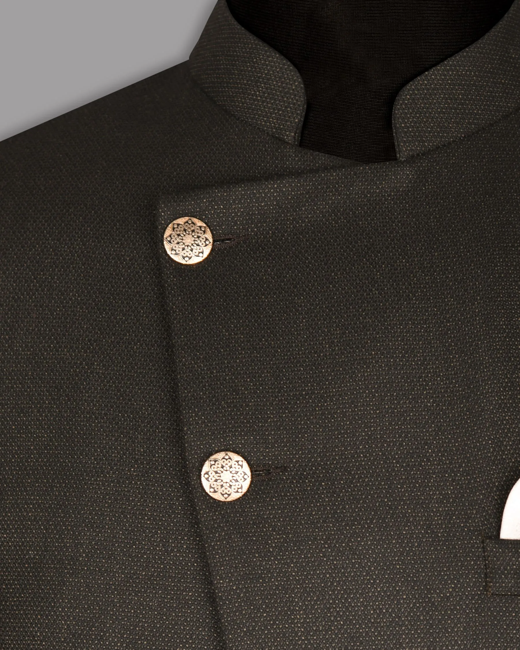 Coffee Brown Textured Cross Buttoned Bandhgala/Mandarin Wool blend Blazer
