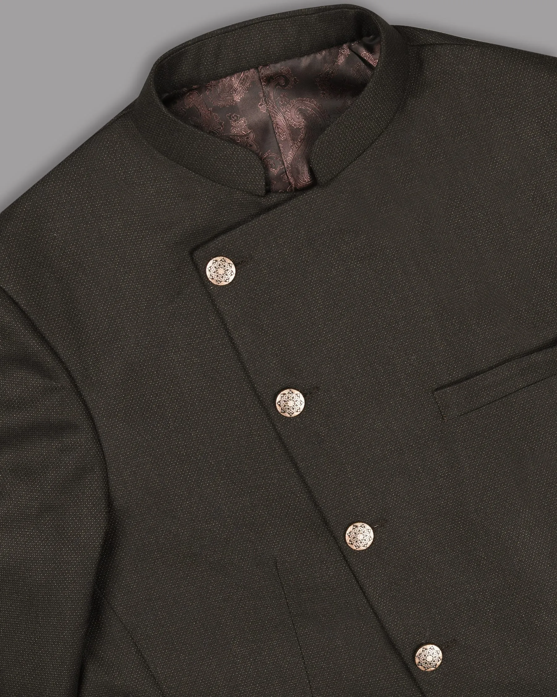 Coffee Brown Textured Cross Buttoned Bandhgala/Mandarin Wool blend Blazer