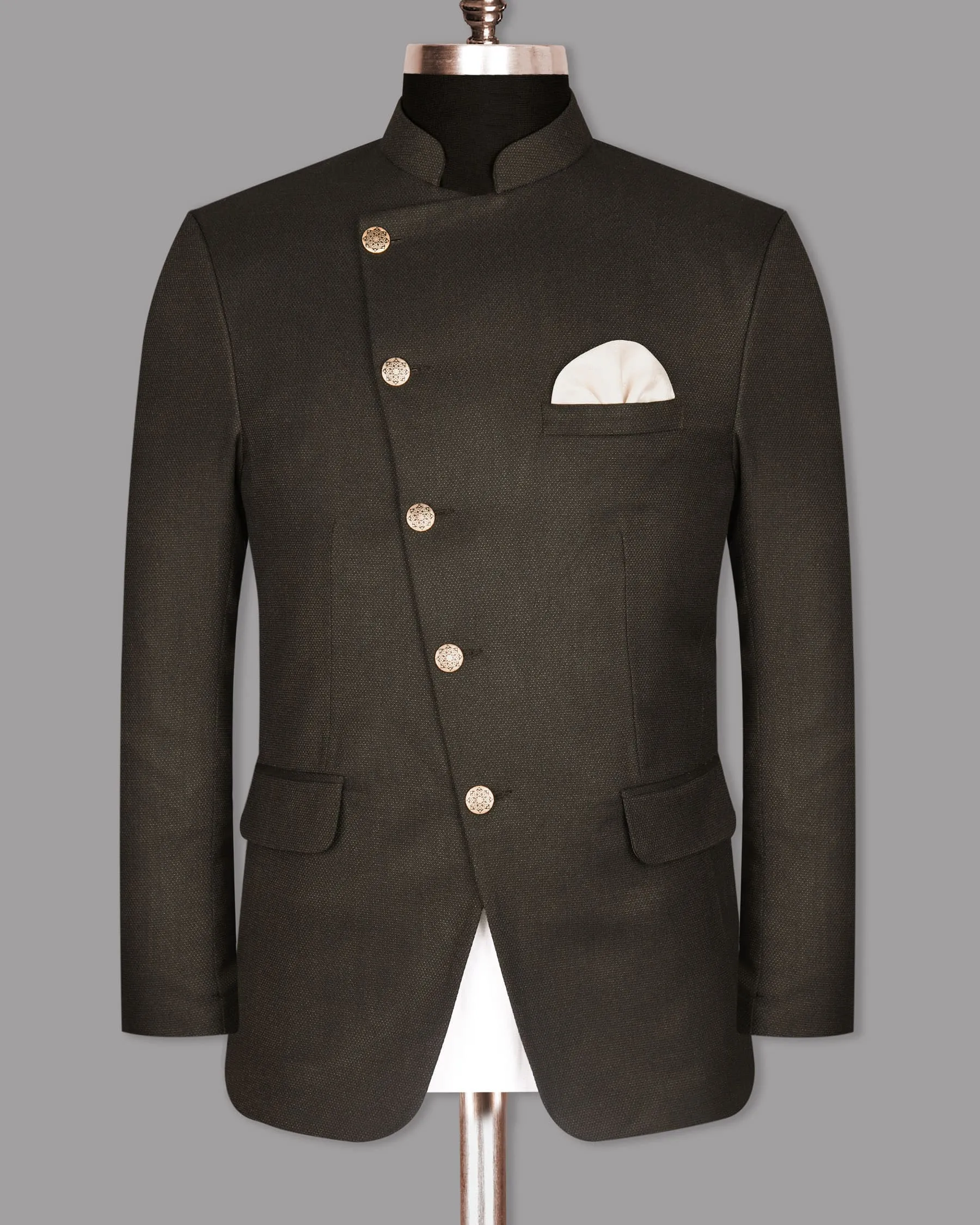 Coffee Brown Textured Cross Buttoned Bandhgala/Mandarin Wool blend Blazer
