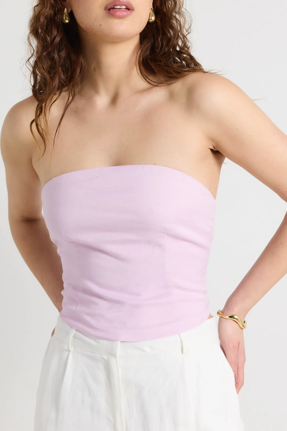 Conceptual Pink Lilac Linen Blend Strapless Top