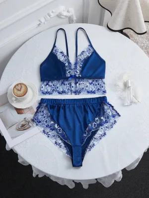 Contrast Lace Trim Deep V Sexy Faux Silk Pajama Set