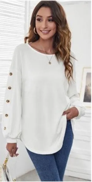 Cream Scoop Hem Layering Top with Buttons to Sleeve Feature