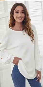 Cream Scoop Hem Layering Top with Buttons to Sleeve Feature