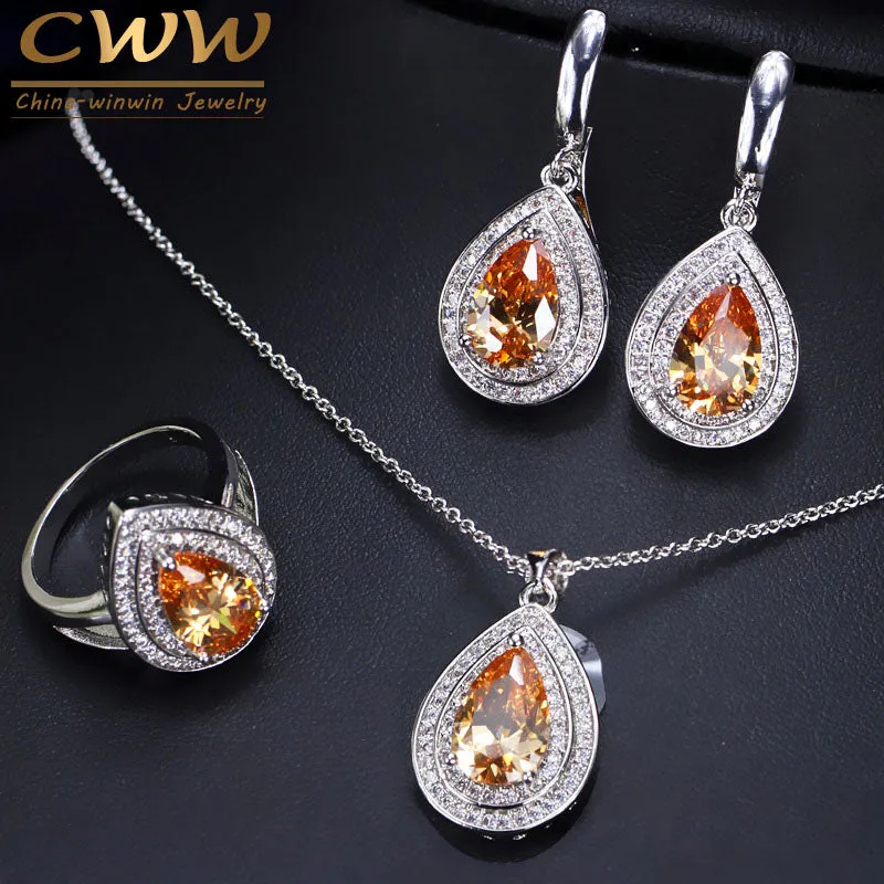 CWWZircons Attractive Champagne Yellow Water Drop Jewelry Set