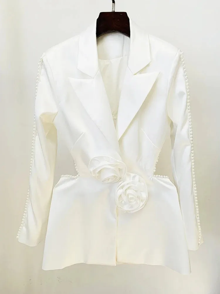 Designer Runway Hollow Out Flowers Appliques Pearls Blazer Beaded Pants