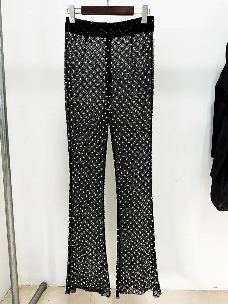 Designer Runway Hollow Out Flowers Appliques Pearls Blazer Beaded Pants