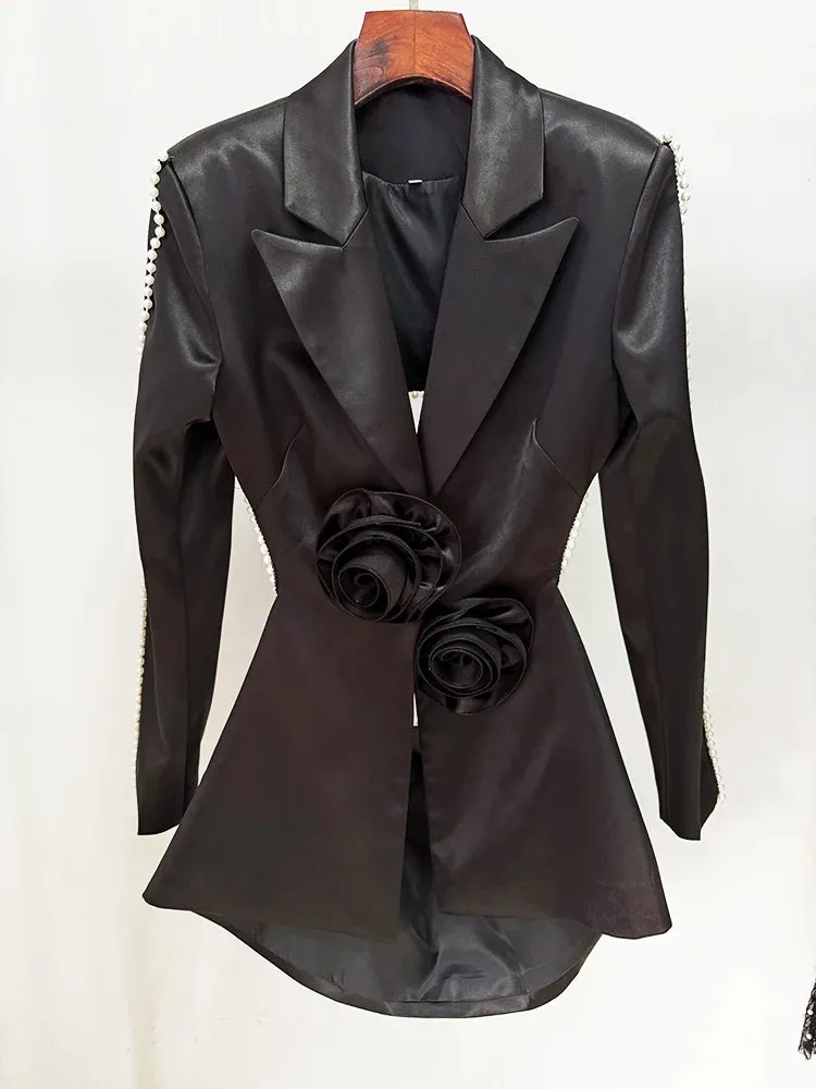 Designer Runway Hollow Out Flowers Appliques Pearls Blazer Beaded Pants
