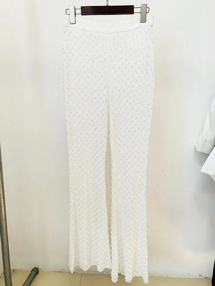 Designer Runway Hollow Out Flowers Appliques Pearls Blazer Beaded Pants
