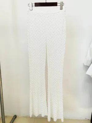 Designer Runway Hollow Out Flowers Appliques Pearls Blazer Beaded Pants