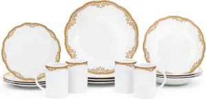 Dinnerware Set for 4 - White with Gold Rope Vintage Design - Porcelain Dish Set Tableware Setting with Mug for Every Day Use or Formal Occasions (Floral 2016, 16 PIECE SET)