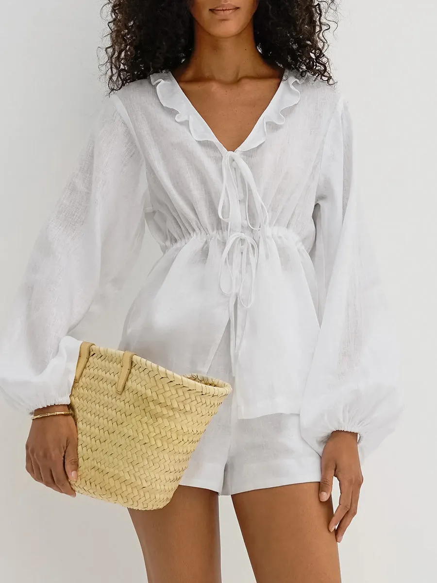 Effortless Linen Ruffle Two-Piece Set with V-Neck and Tie Waist