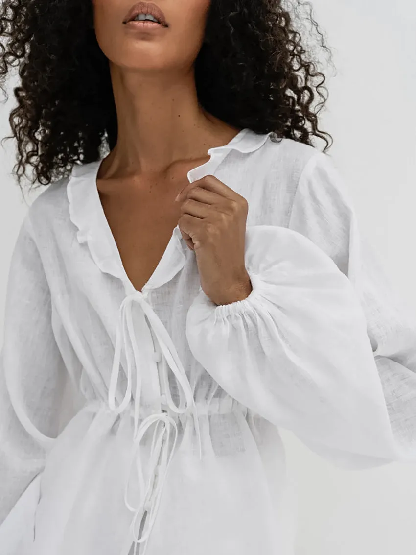 Effortless Linen Ruffle Two-Piece Set with V-Neck and Tie Waist
