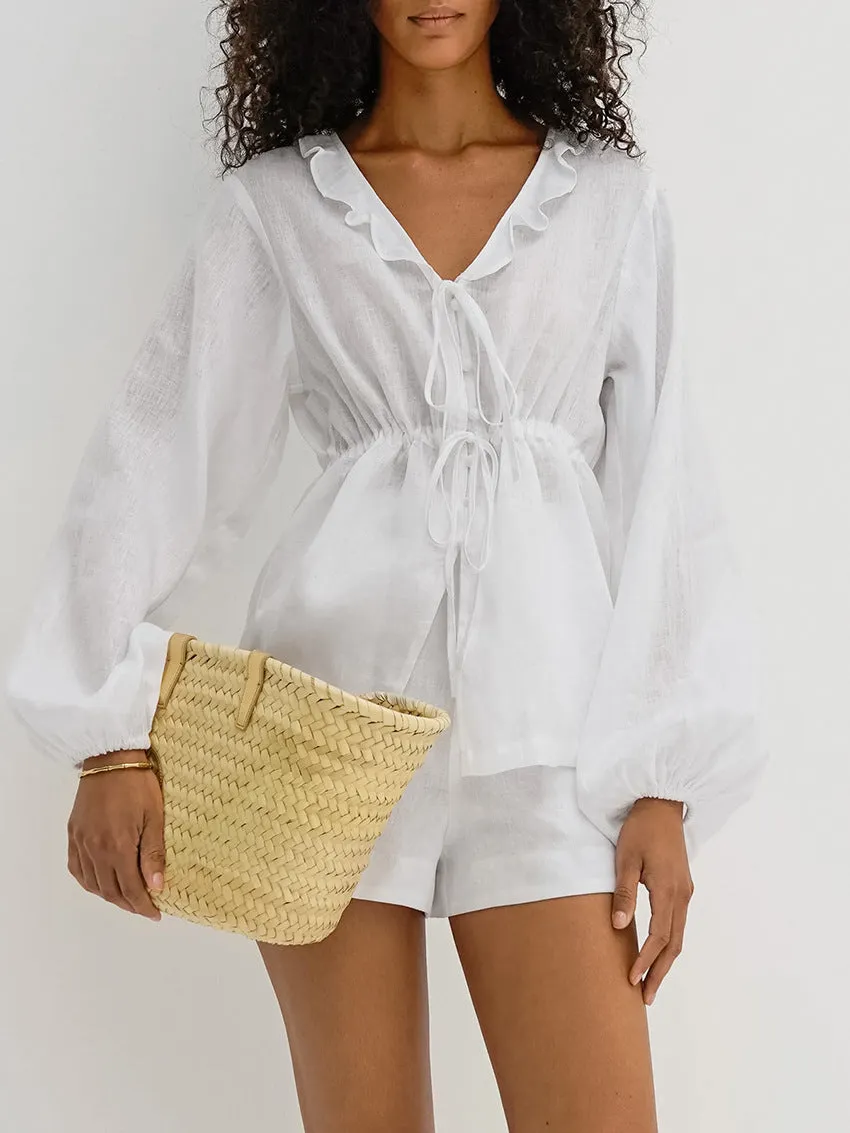 Effortless Linen Ruffle Two-Piece Set with V-Neck and Tie Waist