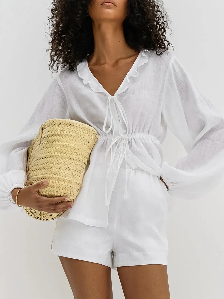 Effortless Linen Ruffle Two-Piece Set with V-Neck and Tie Waist