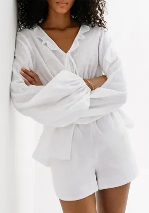 Effortless Linen Ruffle Two-Piece Set with V-Neck and Tie Waist