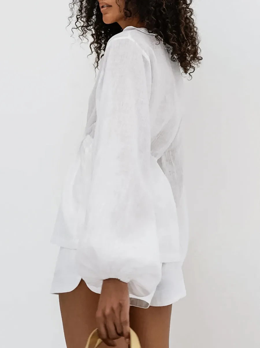 Effortless Linen Ruffle Two-Piece Set with V-Neck and Tie Waist