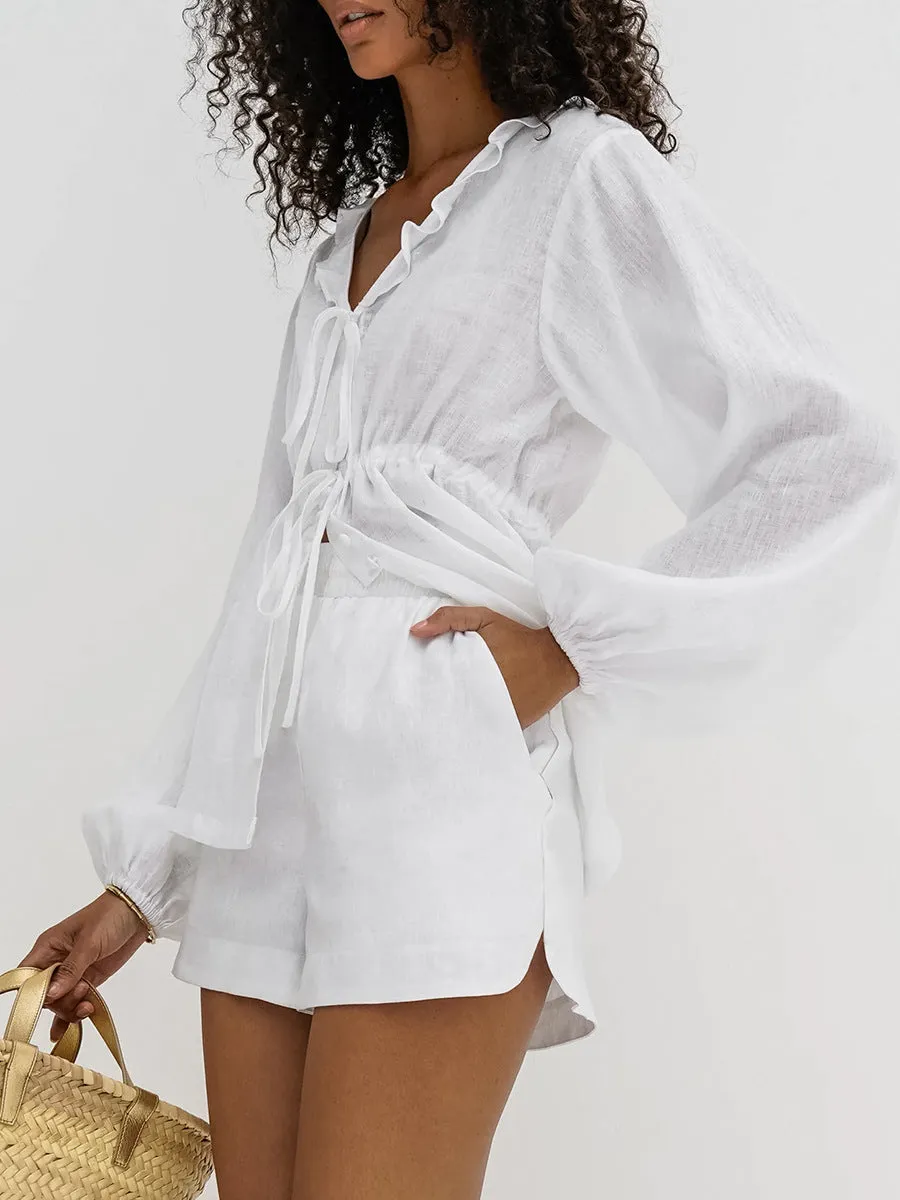 Effortless Linen Ruffle Two-Piece Set with V-Neck and Tie Waist