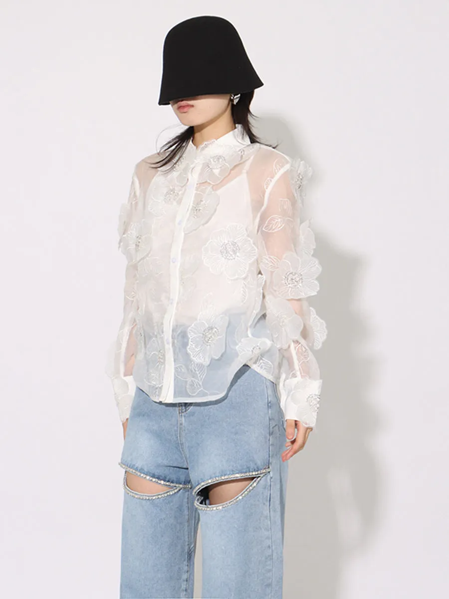 Elegant Long Sleeve Patchwork Appliques Sheer Formal Shirt