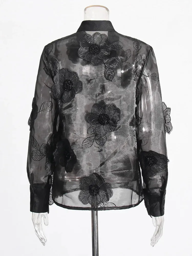 Elegant Long Sleeve Patchwork Appliques Sheer Formal Shirt