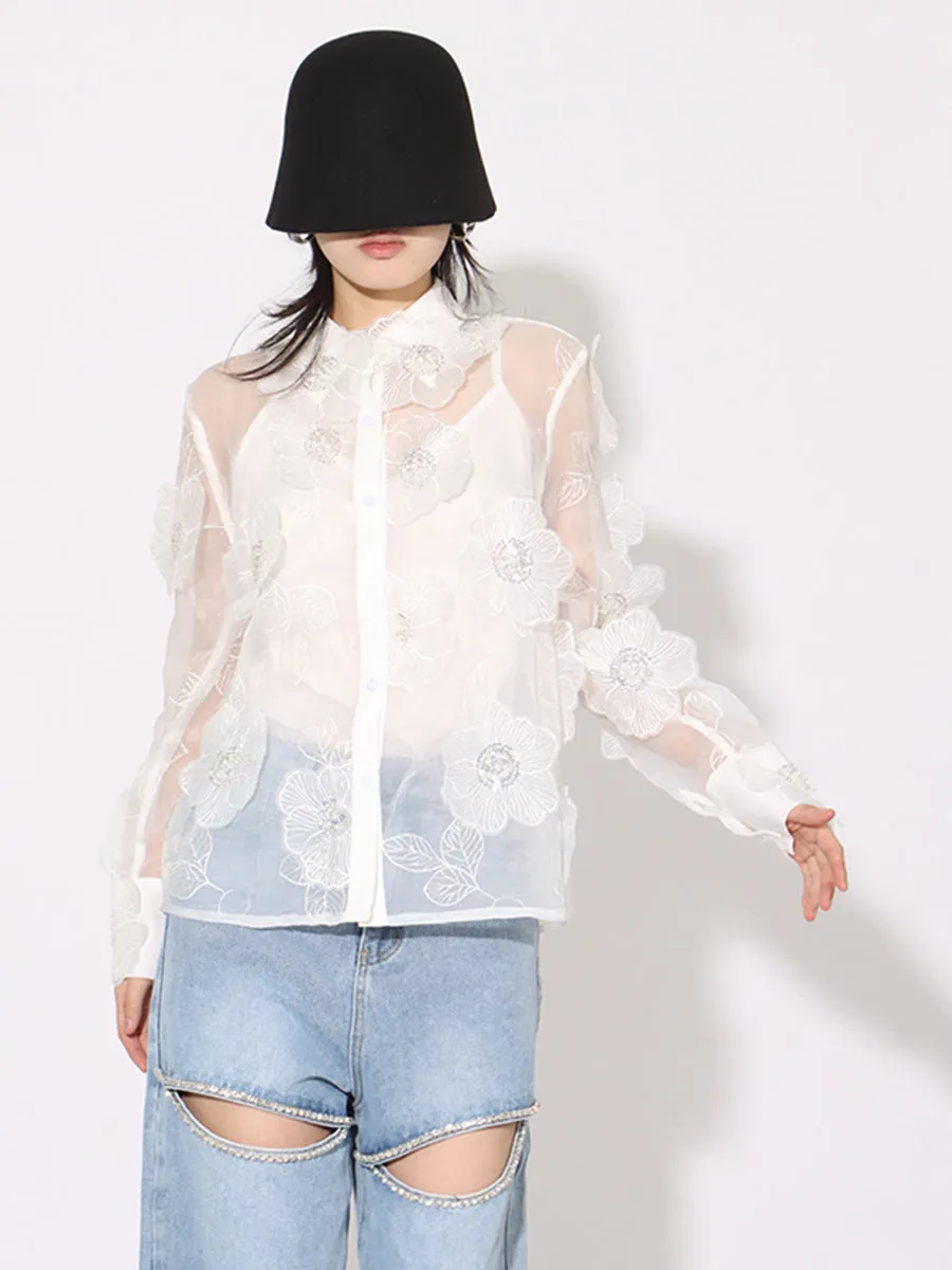 Elegant Long Sleeve Patchwork Appliques Sheer Formal Shirt