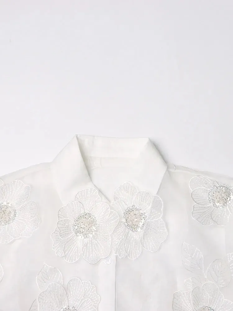 Elegant Long Sleeve Patchwork Appliques Sheer Formal Shirt