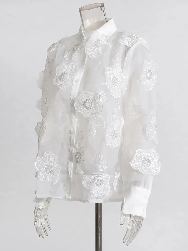 Elegant Long Sleeve Patchwork Appliques Sheer Formal Shirt