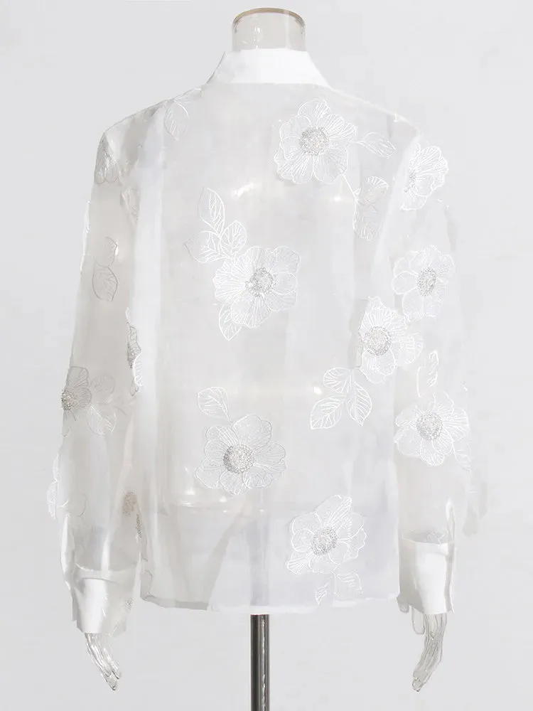 Elegant Long Sleeve Patchwork Appliques Sheer Formal Shirt