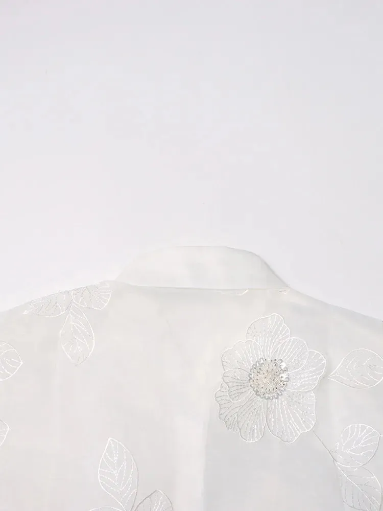 Elegant Long Sleeve Patchwork Appliques Sheer Formal Shirt