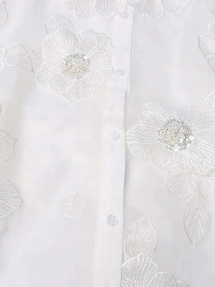 Elegant Long Sleeve Patchwork Appliques Sheer Formal Shirt
