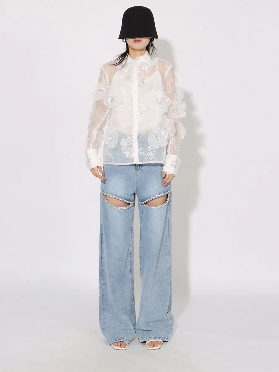 Elegant Long Sleeve Patchwork Appliques Sheer Formal Shirt