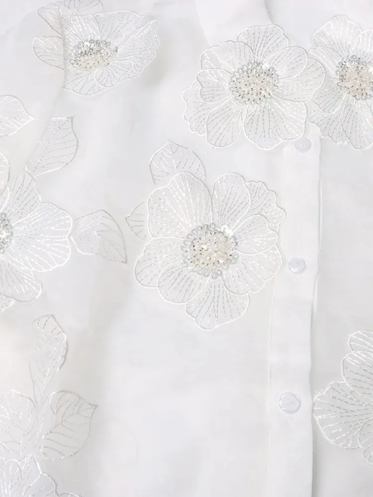 Elegant Long Sleeve Patchwork Appliques Sheer Formal Shirt