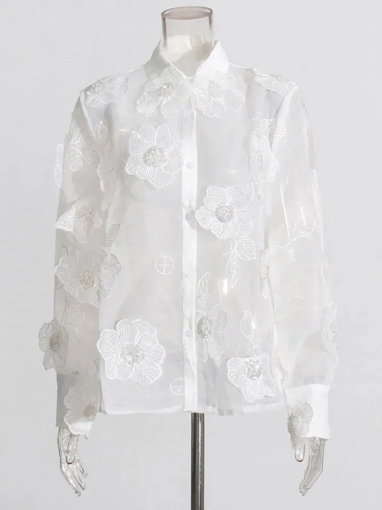 Elegant Long Sleeve Patchwork Appliques Sheer Formal Shirt