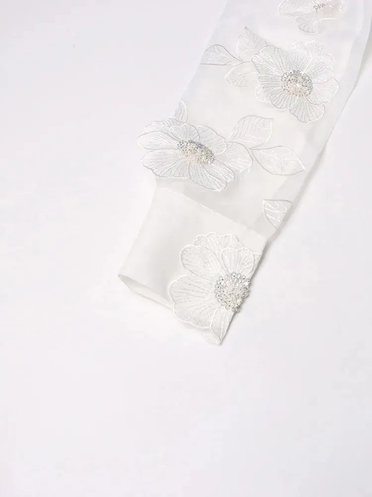 Elegant Long Sleeve Patchwork Appliques Sheer Formal Shirt